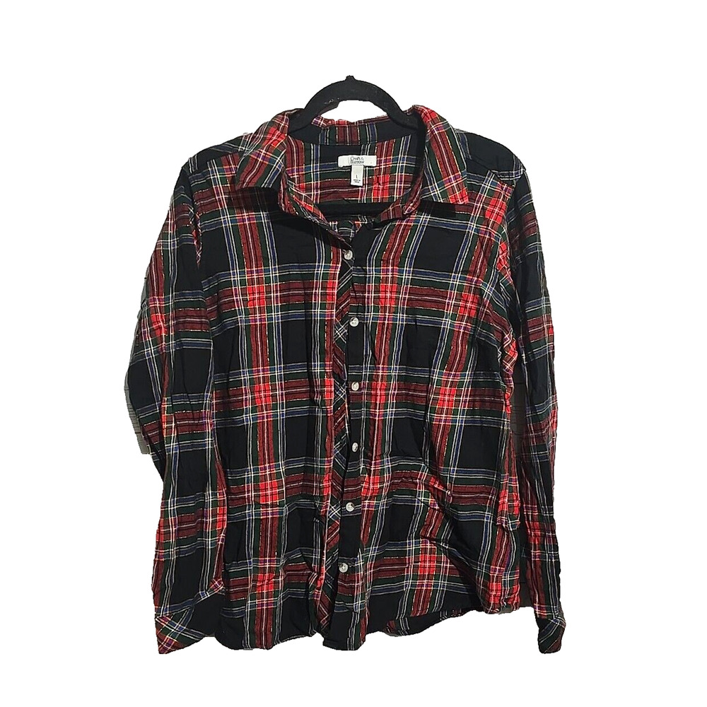 Croft & Barrow B lack Plaid Long Sleeve Work Button Down Shirt Womans Size Large